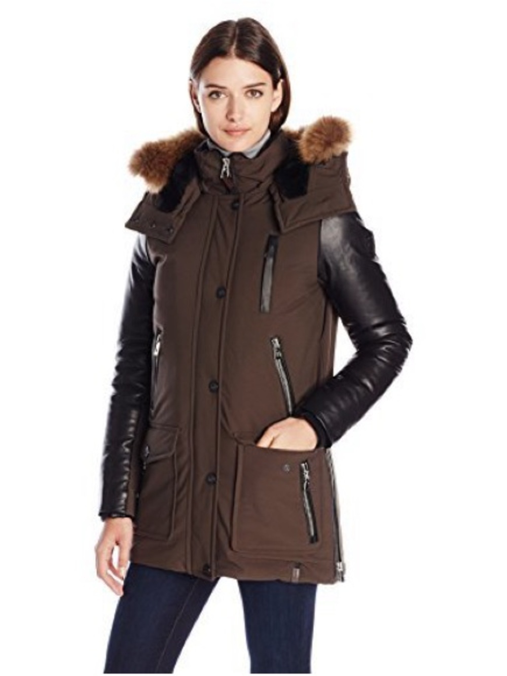 RUDSAK Brown Parka with Black Leather Sleeves and Fur-Trim Hood